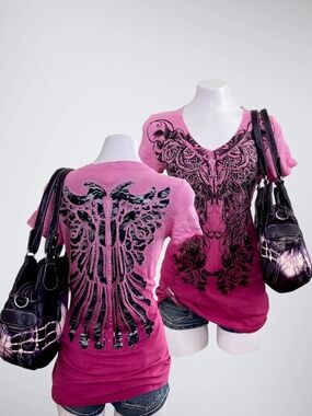 Vintage Vocal Pink Rhinestone Rose Top w/ Black Lace Wing Back Cutout